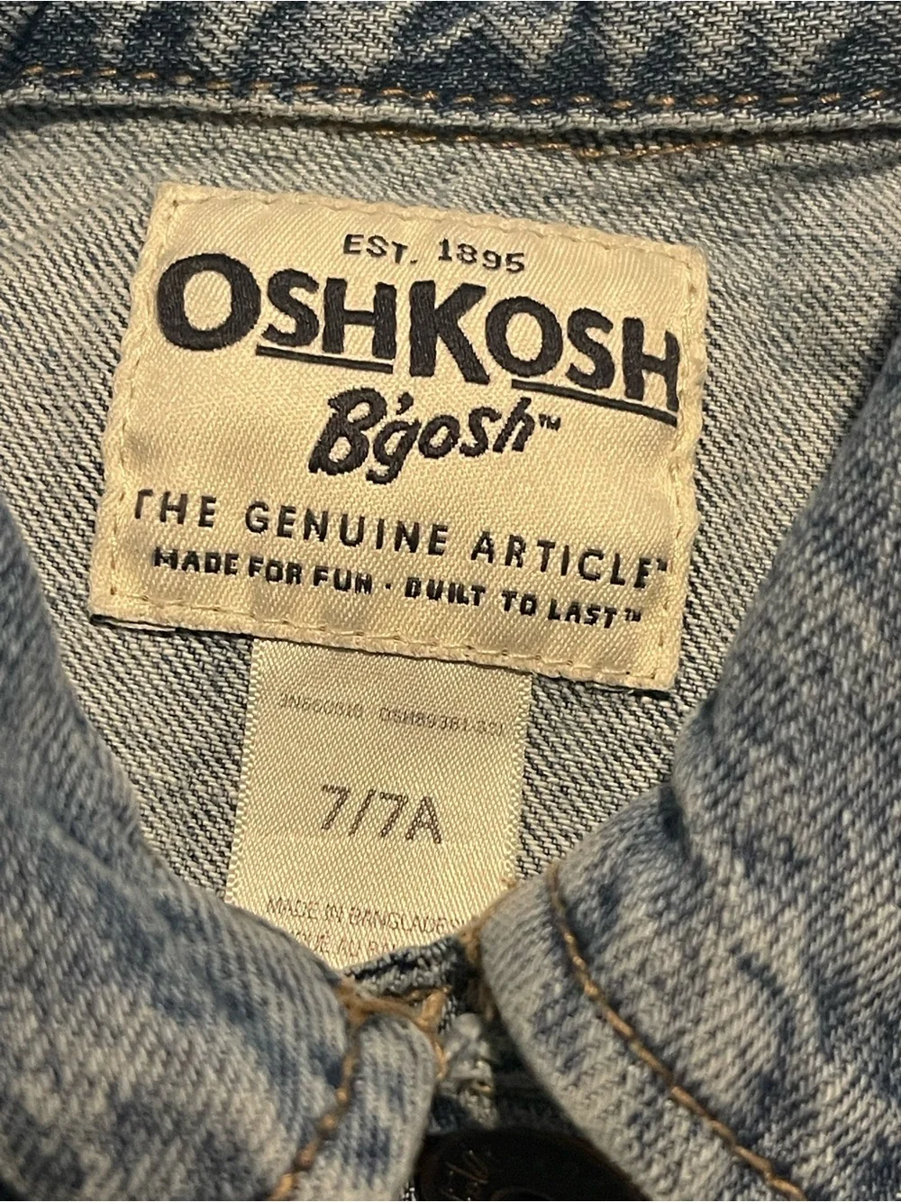 OshKosh B'gosh Kids 7 Light Blue Denim Jean Jacket for Kids 100% Cotton